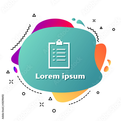 White Clipboard with checklist icon isolated on white background. Control list symbol. Survey poll or questionnaire feedback form. Abstract banner with liquid shapes. Vector Illustration.
