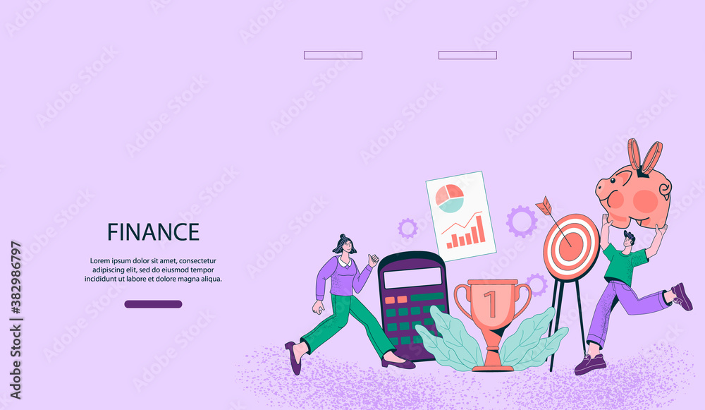 Finance management and business analytics web banner template with cartoon characters. Increase sales and skills, team brainstorming and business cooperation, flat vector illustration.