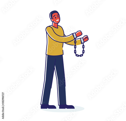 African american man chained in handcuffs. Prisoner diverse male character