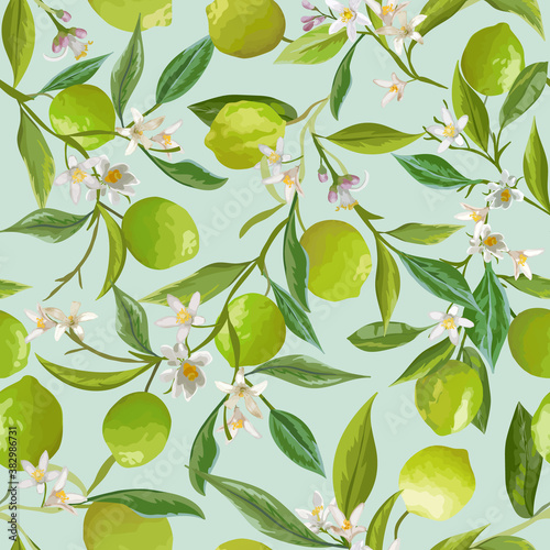 Vector Lime Floral Background, Seamless Fruit Pattern, Citrus Fruits, Flowers, Leaves, Limes Branches Texture