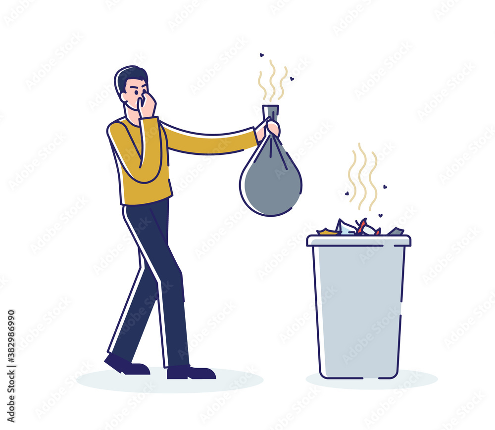 Man holding smelly bag of waste. Male throwing stinky garbage in trash