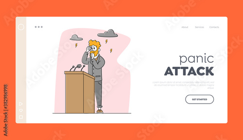 Panic Attack in Public Place Landing Page Template. Character Panic Disorder on Tribune Breathing in Paper Bag, Fear