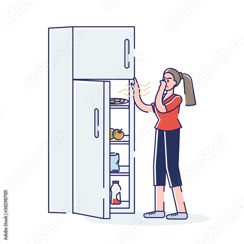 Woman opening fridge with spoiled smelly food covering nose to protect from stink