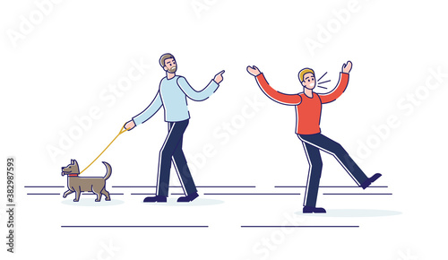 Man scolding guy with aggressive behavior in street. Conflict male character arguing and gesturing