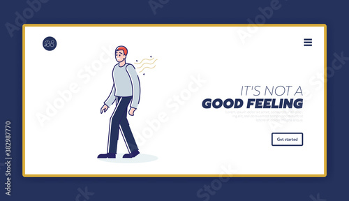 Problem of bad body smell landing page concept with stinky cartoon male character