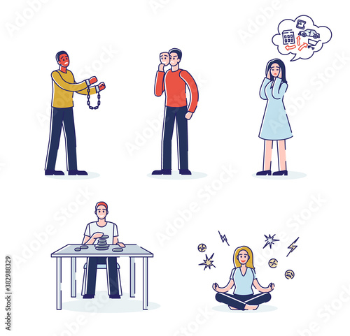 Cartoon characters with emotion problems working on self control, suffering from mental disorder