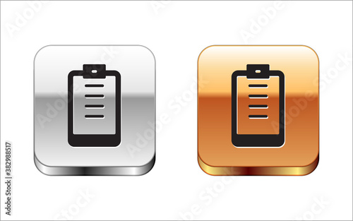 Black Clipboard with checklist icon isolated on white background. Control list symbol. Survey poll or questionnaire feedback form. Silver-gold square button. Vector.