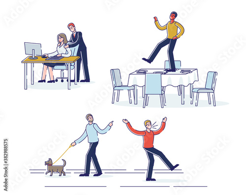 People demonstrating bad behavior, dancing drunk on table, bullying people, abusing workers