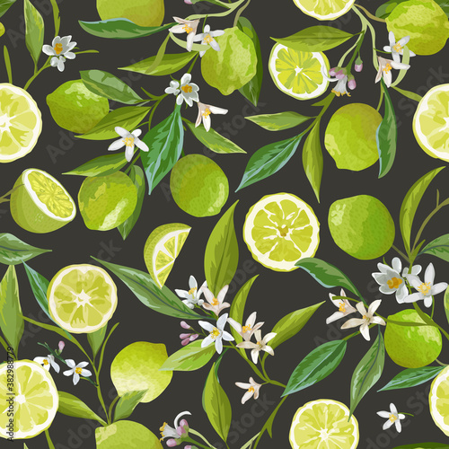 Lime Citrus Seamless Pattern. Floral Fruit Vector Illustration Background. Vintage Romantic Garden Print, Texture