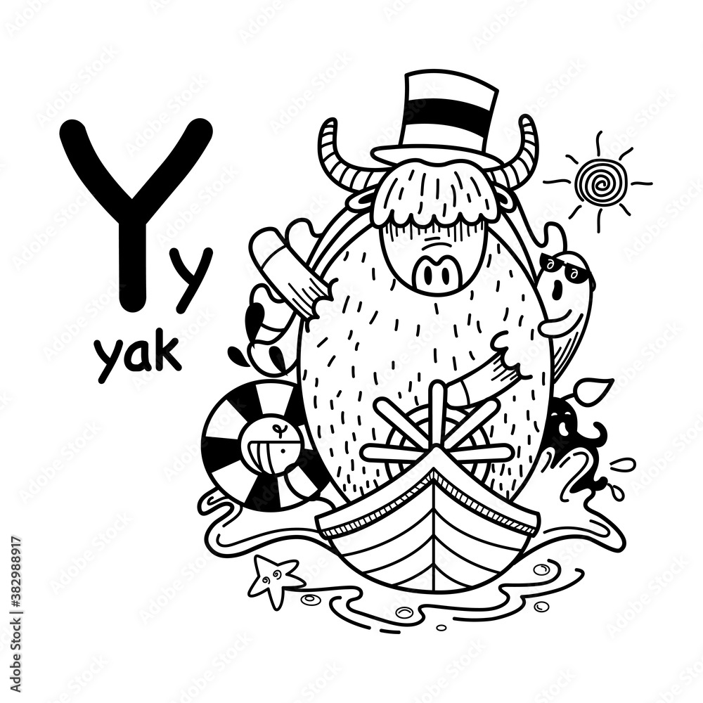 Hand drawn.Alphabet Letter Y-yak illustration, vector