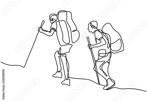 Continuous one line drawing of tourist hiking backpack picnic mountains. Two guys were climbing the mountain for holiday. Explore the beauty of nature for refreshing. Nature lovers theme