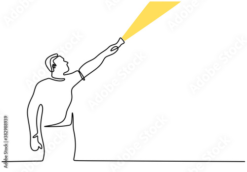 Continuous line drawing of man with flashlight in camp. A man brought a flashlight to check around the tent. Spend the night in the middle of the mountain with a tent. Vector illustration