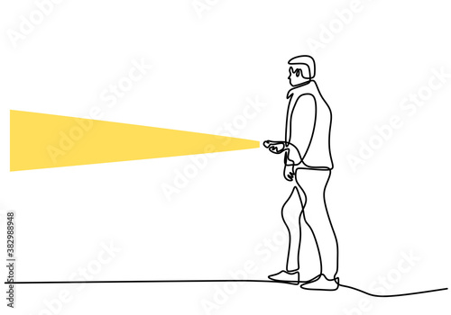 Continuous line drawing of man with flashlight in camp. A man brought a flashlight to check around the tent. Spend the night in the middle of the mountain with a tent. Vector illustration