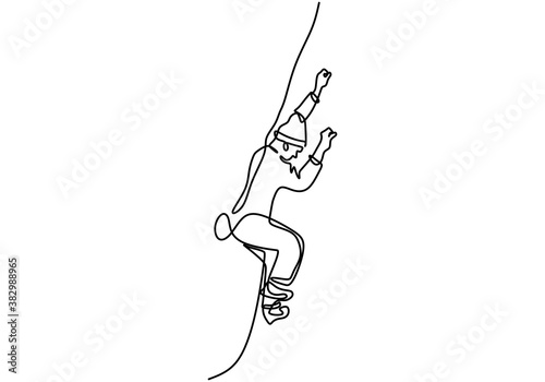 Continuous one line drawing of man doing climbing. Energetic young male practices rock climbing the rope for safety isolated on white background. Character a guy in rock climbing.