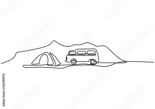 Camper continuous line drawing. A camping car and tent in mountains isolated on white background. The concept of moving in a motorhome, family camping, camping, caravan. vector illustration