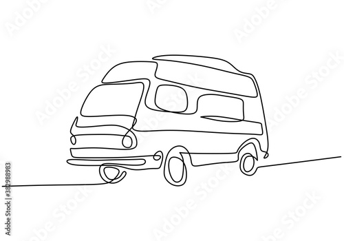 Camper continuous line drawing. A camping car for traveling isolated on white background. The concept of moving in a motorhome, family camping, camping, caravan. vector illustration