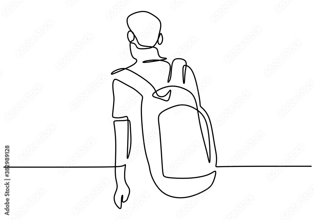 Continuous single one drawn line a tourist hiking backpack picnic ...