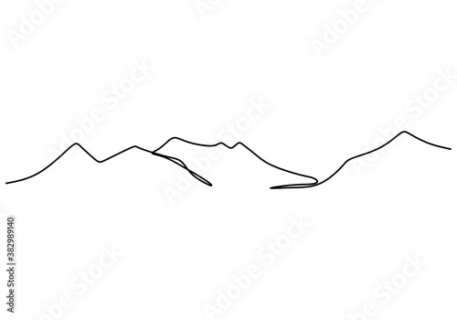 Mountain landscape continuous one line vector drawing. Beautiful view with mountains and fresh air. Nature, rock panoramic sketch. Holiday vacation concept isolated on white background