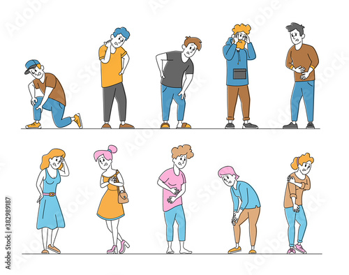 Set People Suffering Ache in Different Body Parts Chest, Neck, Leg, Back, Arm. Characters Feeling Pain, Health Problem