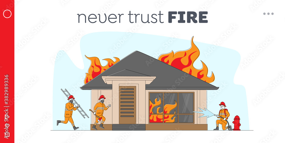 Fototapeta premium Firemen Fighting with Blaze at Burning House. Landing Page Template. Male Characters in Firefighters Uniform Extinguish