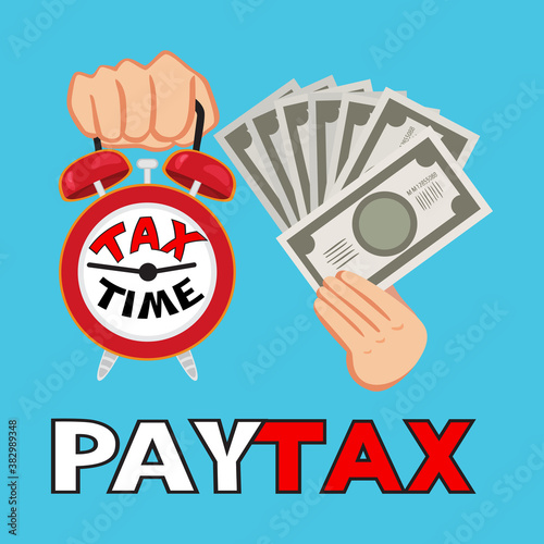 Hand holding bills and alarm clock with alarm of tax day, vector image illustration