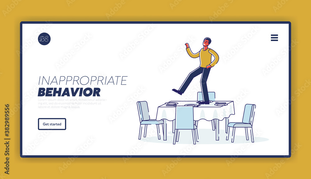 Inappropriate behavior landing page concept with drunk man dancing on served table during event Inappropriate behavior landing page concept with drunk man dancing on served table during event