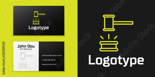 Logotype line Judge gavel icon isolated on black background. Gavel for adjudication of sentences and bills, court, justice. Auction hammer. Logo design template element. Vector Illustration.