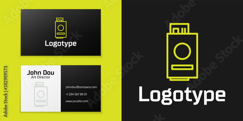 Logotype line Passport with ticket icon isolated on black background. Identification Document. Concept travel and tourism. Logo design template element. Vector Illustration.