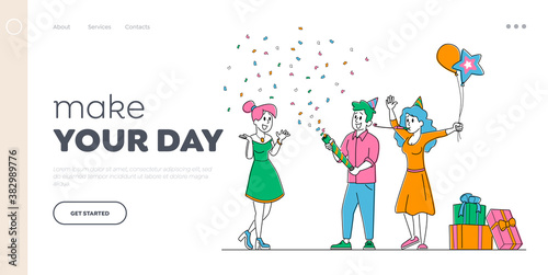 Holiday Celebrating Landing Page Template. Girl Astonished with Friends Surprise Party for Birthday. Characters in Hats
