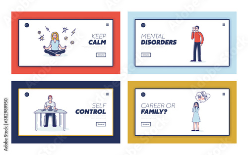 Mental and emotions disorder landing pages set with people and different levels of control