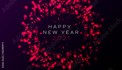 Abstract light circle of red lights explosion with happy new year copy inside the round graphic element