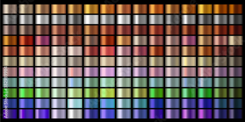 Vector Gradients collection. Gold, golden, silver, bronze, copper, chrome, violet, purple colors gradient