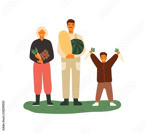 Happy family holding fruits and vegetables. Farmers with watermelon, melon, c...