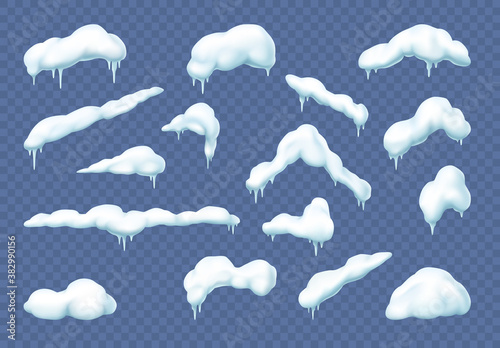 Snow caps, snowballs and snowdrifts set. Snowy winter decoration elements on transparent background