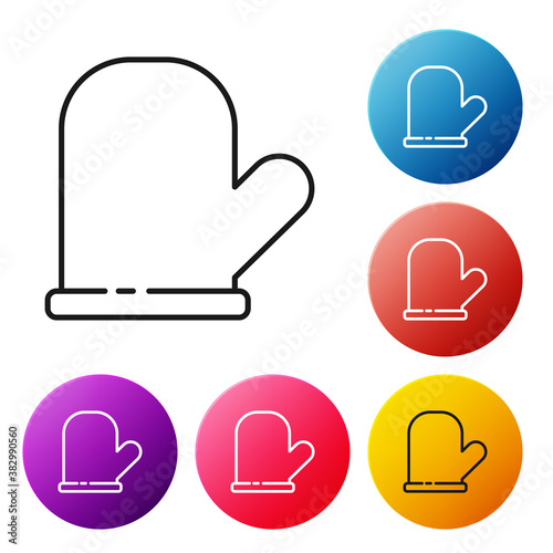 Black line Oven glove icon isolated on white background. Kitchen potholder sign. Cooking glove. Set icons colorful circle buttons. Vector.