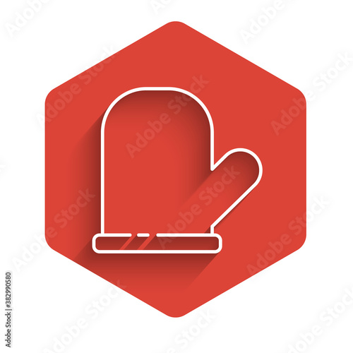 White line Oven glove icon isolated with long shadow. Kitchen potholder sign. Cooking glove. Red hexagon button. Vector.