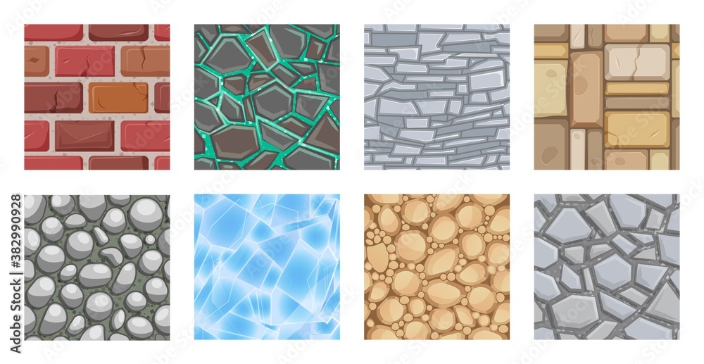 Game ground texture for ui platform. Seamless cartoon pattern of brick, rock, stone and soil. Different land layer icon for game intarface vector illustration. Stock Vector | Adobe Stock Game ground texture for ui platform. Seamless cartoon pattern of brick, rock, stone and soil. Different land layer icon for game intarface vector illustration. Stock Vector | Adobe Stock