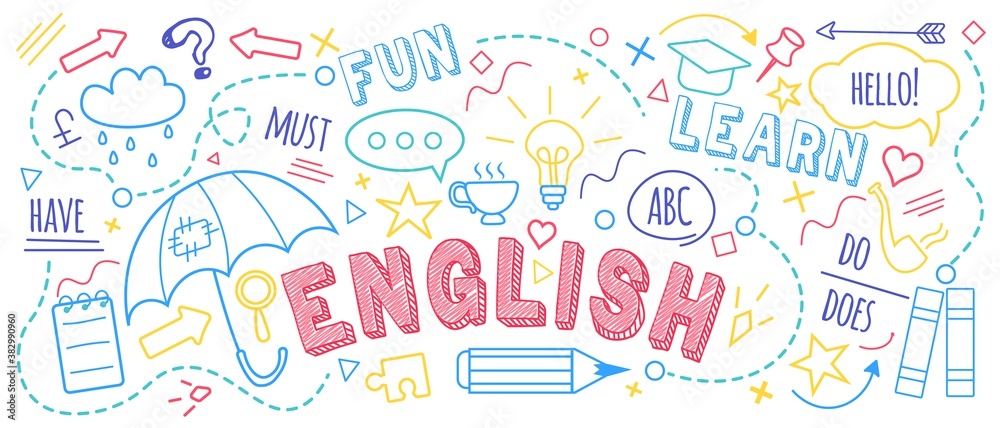 English language learning concept vector illustration. Doodle of foreign language education course for home online training study. Background design with english word art illustration