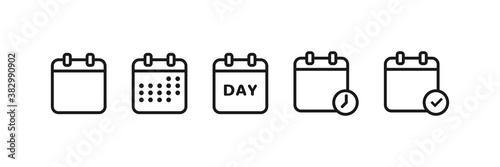 Calendar pictogram. Month reminder icons. Set of calendar in black. Event organizer on white background. Agenda symbol with clock icon. Diary collection in linear style. Vector EPS 10.