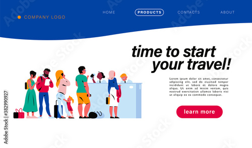 Vector landing page design with travel concept. People waiting for boarding in wait hall. Banner for webpage, mobile app. Flat cartoon illustration.