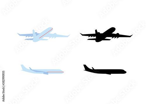 Airplane in flight back and side view isolated on white background. Black silhouette and vlat style. Vector illustartion.
