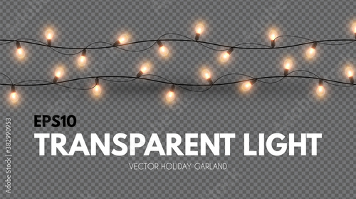 Light garland on transparent background. Shining Christmas lights