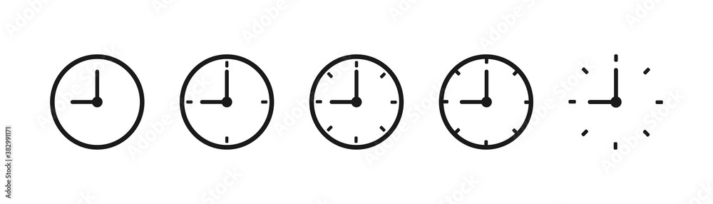 Watch icons collection. Black wall clock set. Isolated time symbol. Round thin clock in black. Linear stopwatch sign. Outline round timer. Analog alarm in circle. Vector EPS 10. Watch icons collection. Black wall clock set. Isolated time symbol. Round thin clock in black. Linear stopwatch sign. Outline round timer. Analog alarm in circle. Vector EPS 10.