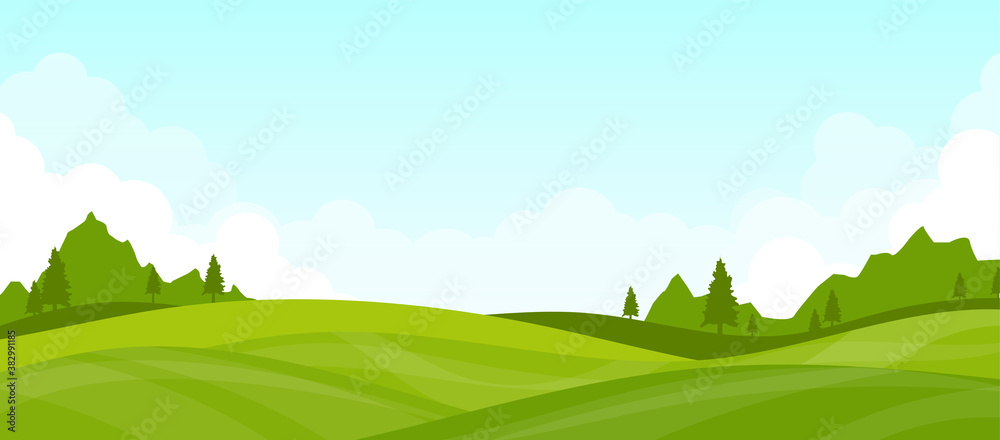 Mountain landscape lawn view green with white clouds and blue clear sky vector background