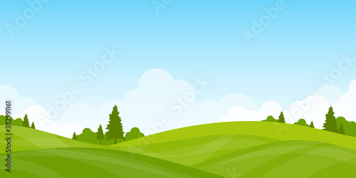 Mountain landscape lawn view green a nice day, clouds clear sky vector background