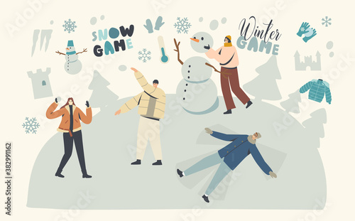Happy Characters Enjoying Snow Fun and Winter Holidays Festive Season. Happy People Making Snowman, Playing Snowballs