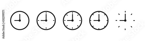 Watch icons collection. Black wall clock set. Isolated time symbol. Round thin clock in black. Linear stopwatch sign. Outline round timer. Analog alarm in circle. Vector EPS 10.