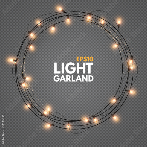 Light garland on transparent background. Shining Christmas lights