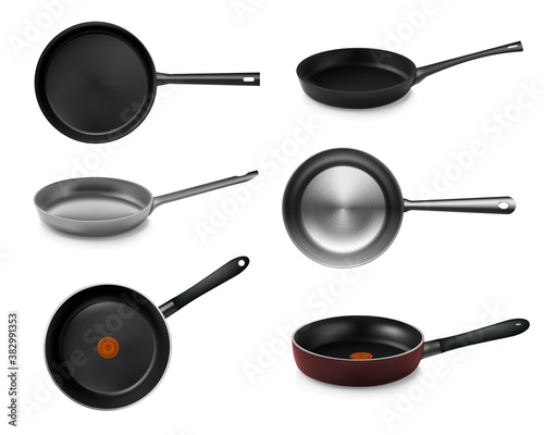 Realistic pan and skillet vector illustration. Kitchen cooking item for frying. Isolated black pan and metal skillet on white background.