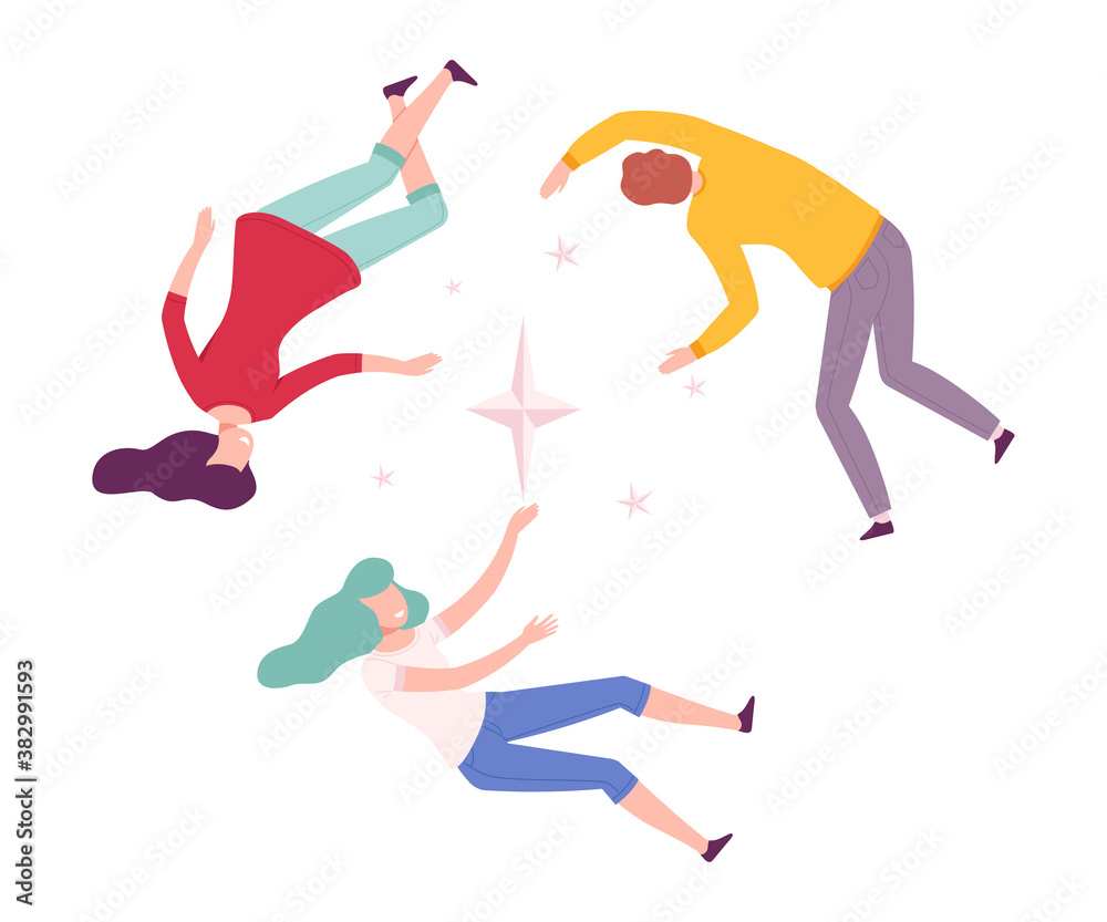 Group of People Floating in Imagination Dreams, Male and Female Person Flying in Dreams or Sky Wearing Casual or Sleepwear Clothes Flat Style Vector Illustration